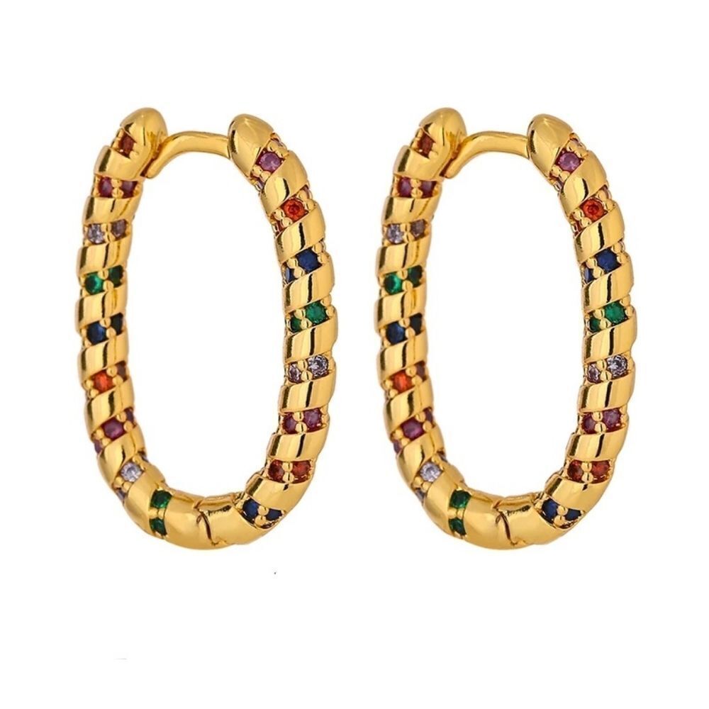 Free People Gold Oval Rainbow Huggie Hoop Earrings Multicolor Cubic Zirconia - Picture 7 of 8